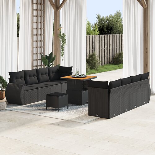 vidaXL 11-delna vrtna sofa garnitura z blazinami Črna poli ratan akacija Cene