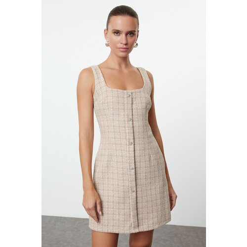 Trendyol Beige Stone Accessory Glittery Tweed Woven Short Dress Slike