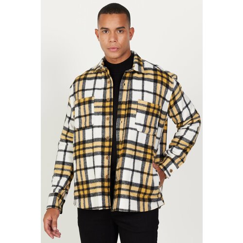AC&Co / Altınyıldız Classics Men's Mustard-black Oversize Wide Cut Buttoned Collar Pocket Checkered Lumberjack Winter Shirt Jacket Slike