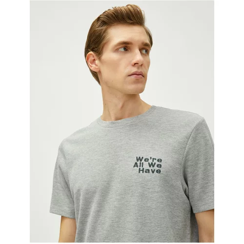 Koton Slogan Embroidered T-Shirt Crew Neck Textured Short Sleeve