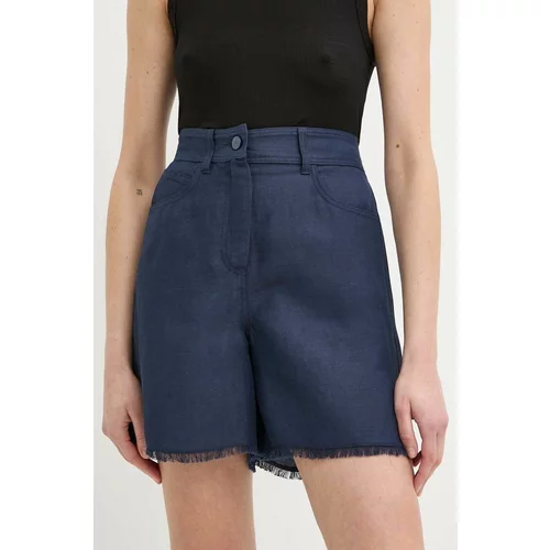 Marella Kratke hlače s dodatkom lana boja: tamno plava, bez uzorka, visoki struk