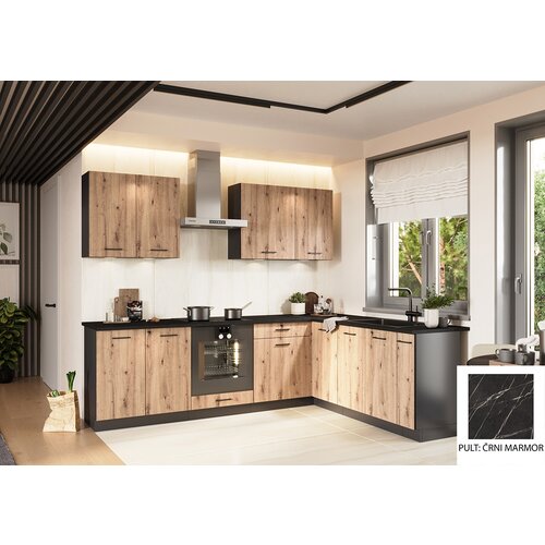 Stolkar KOTNI KUHINJSKI SESTAV ANIKA 200 X 260 CM - ARTISAN HRAST-�rni marmor Cijene