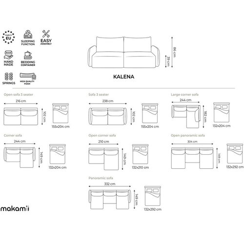 Makamii Kremno bela žametna raztegljiva/s prostorom za shranjevanje sedežna garnitura 216 cm Kalena &amp;ndash; Slike