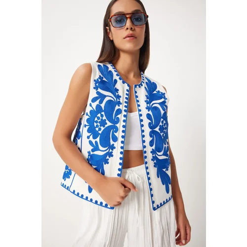 Happiness İstanbul Women's Blue White Embroidery Detailed Linen Vest