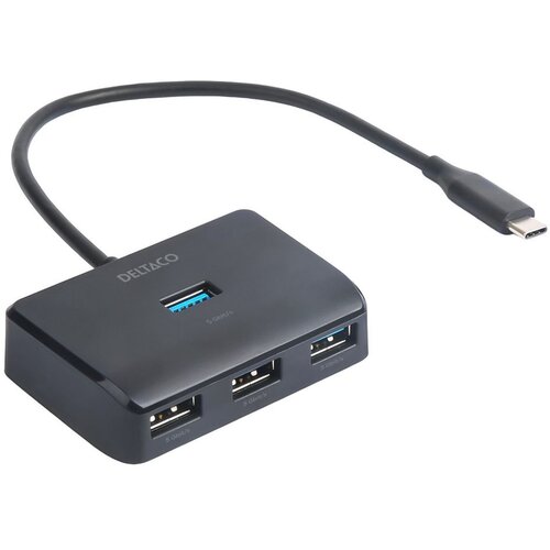 Deltaco USB-C hub s 4 vrati, 5 Gbit/s, dodatni vhod za napajanje, črna Slike