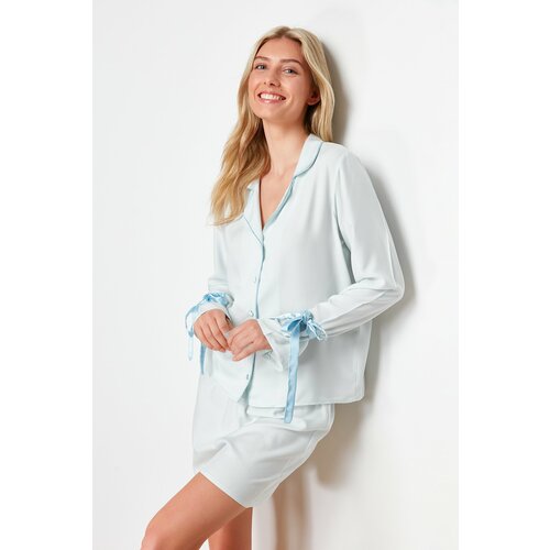 Trendyol Blue Lacing and Piping Detailed Viscose Woven Pajamas Set Slike