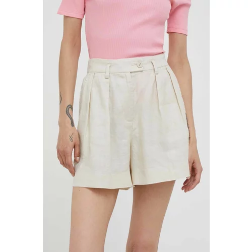 Sisley Lanene kratke hlače boja: bež, glatki materijal, visoki struk