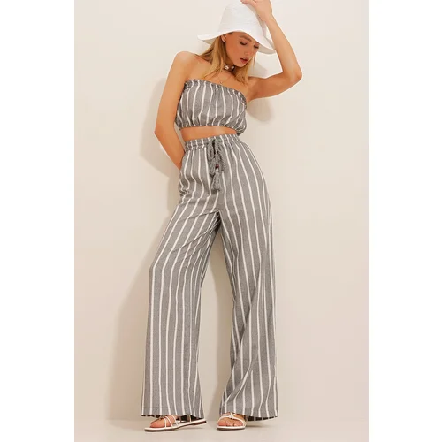Trend Alaçatı Stili Women's Gray Strapless Top And Palazzo Pants Linen Suit