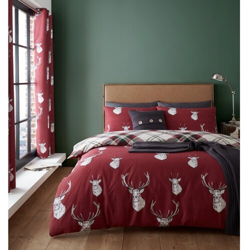 Catherine Lansfield Crvena posteljina za bračni krevet/za produženi krevet 230x220 cm Munro Stag Check &amp;ndash; Slike