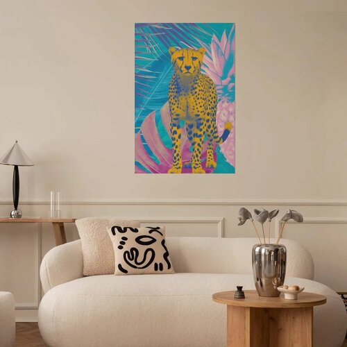  Plakat - Exotic Leopard - colorful portrait of a cheetah against tropical leaves 21x30 Bez okvira Slike