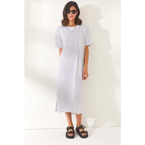 Olalook Women's Gray Oversized Cotton Dress with Slits