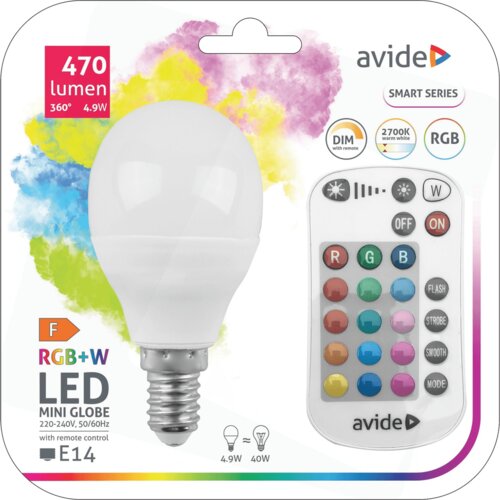 Avide Pametna žarnica, LED 4.9W, E14, RGB+W, 2700K, daljinski upravljalnik - Smart LED Mini Globe 4.9W Cene