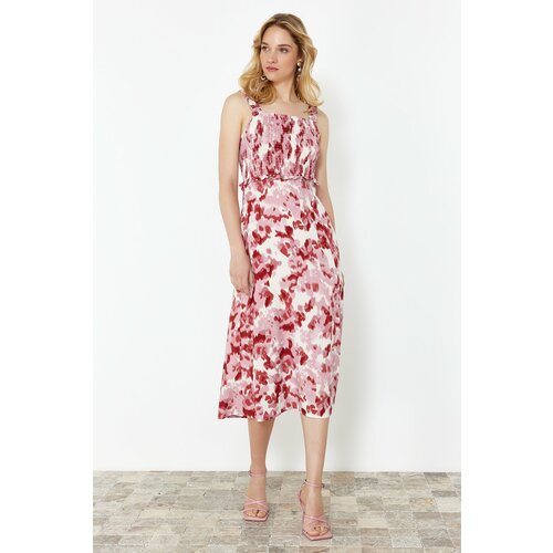 Trendyol dried rose abstract patterned a-line gipe detail viscose midi woven dress Cene