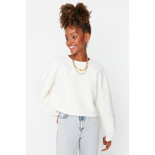 Trendyol Ecru Oversize Crop Sleeve Printed Ragged Knitted Sweatshirt Cene