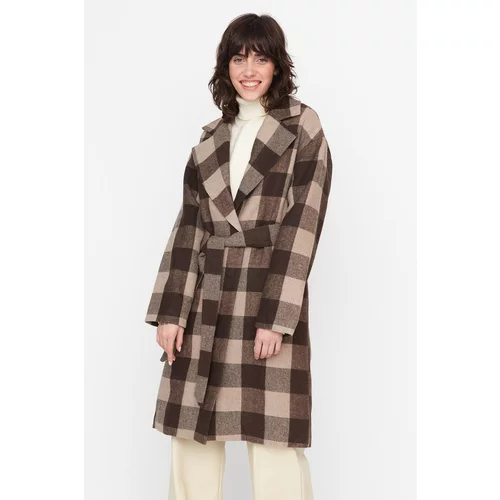 Trendyol Brown Checkered Lined Stamp Coat