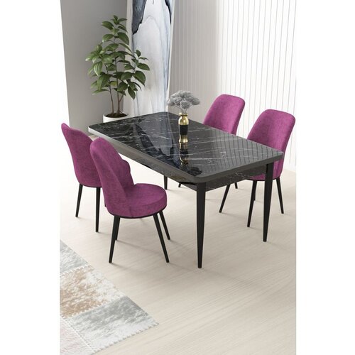 Hanah home Nil - Black Marble, Purple Black MarblePurple Dining Table & Chairs Set (5 Pieces) Cene