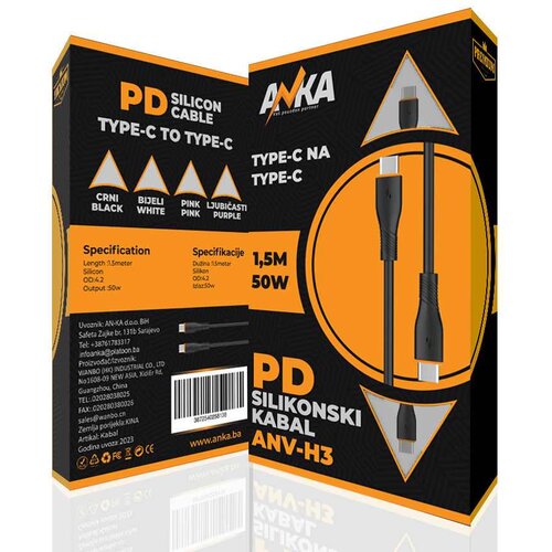  PD SILIKONSKI KABAL TYPE-C NA TYPE-C ANV-H3 1,5M CRNI AN-KA Slike