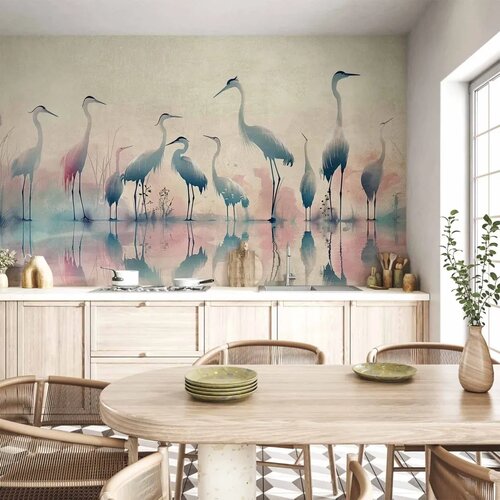  Foto tapeta - Birds by the lake - herons painted in watercolour in delicate grey and pink colours 150x105 Vodootporna Cene