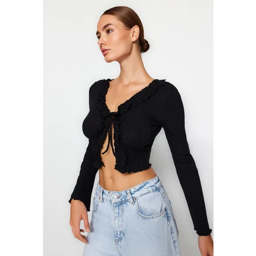 Trendyol Black Ruffle Detailed Knitted Blouse with Front Tie Ribbed Flexible Crop