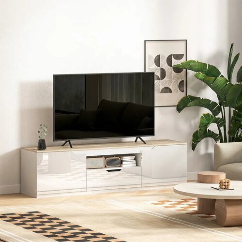 Niski TV ormarić visoki sjaj za TV do 65 3 pretinca ladica 160 x 38 x 43 cm prirodno drvo Slike