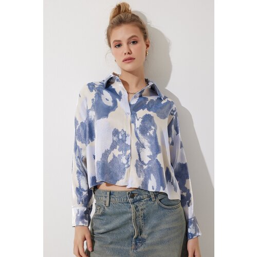  Women's blue patterned satin surface short shirt Cene