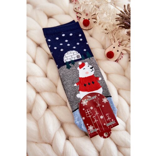 Kesi Women's Socks Christmas Patterns With Teddy Bear And Igloo Grey-Navy Slike