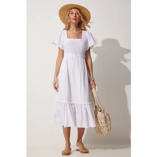  Women's White Square Collar Linen Dress