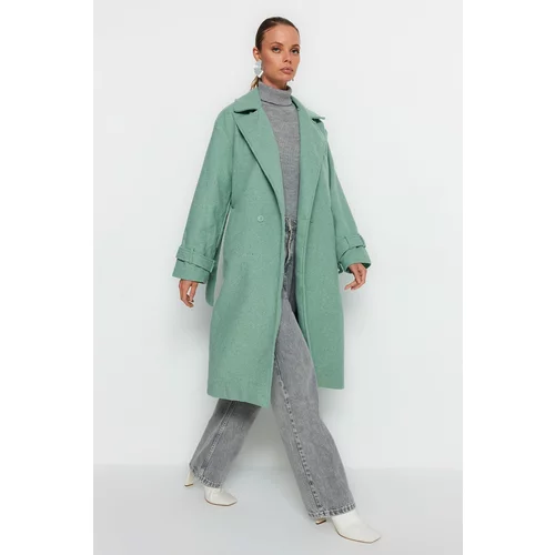 Trendyol Mint Oversize Wide-Cut Belted Long Wool Cachet Coat