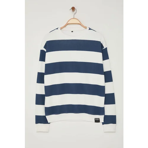 Trendyol Indigo-Ecru Oversize/Wide Cut Crew Neck Striped Polar Fleece Inside Cotton Sweatshirt