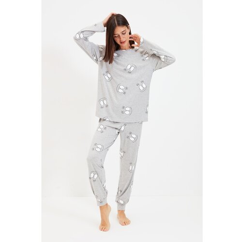 Trendyol Gray Eye Pattern Knitted Pajamas Set Slike