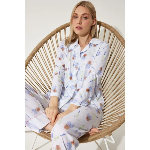  Women's Lilac Patterned Shirt-Pants Knitted Pajama Set