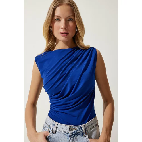 Happiness İstanbul Women's Cobalt Blue Gathered Sleeveless Knitted Blouse