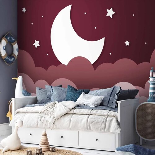  Foto tapeta - Moon dream - clouds in a maroon sky with stars for children 350x256 Standard Cene