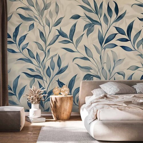  Foto tapeta - Leaves in Blue Colors Delicate Botanical Motif 100x70 Premium Cene