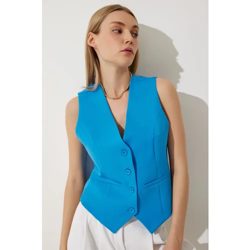  Women's Vivid Blue Fitted Short Woven Vest