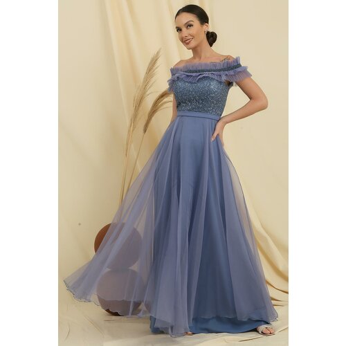 By Saygı Lined Long Tulle Dress with Beading Embroidered Top Slike