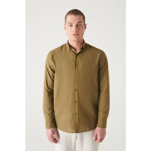 Avva Men's Khaki 100% Cotton Thin Soft Touch Buttoned Collar Long Sleeve Standard Fit Normal Cut Shirt