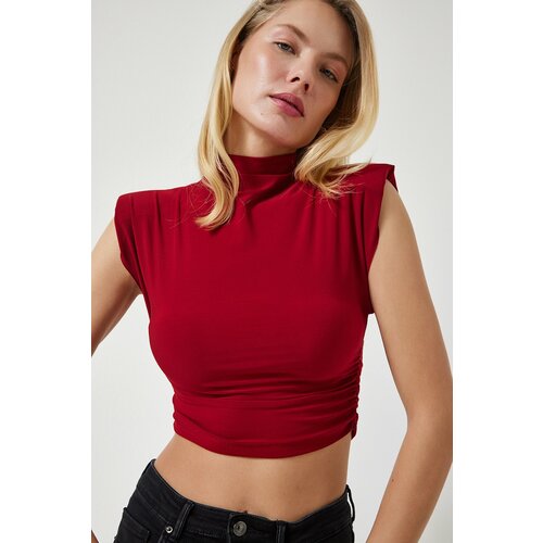 Happiness İstanbul Women's Burgundy High Neck Gathered Crop Knitted Blouse Slike