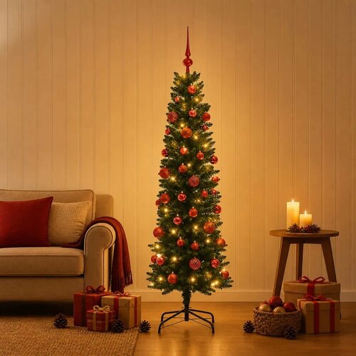  Umjetno usko božićno drvce s kuglicom 150 cm 150 LED lampica - 150 cm s LED-ima i crvenim lopticama Zelena Cene