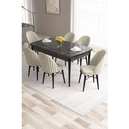 Hanah home Roz - Black Marble, Cream Black MarbleCream Extendable Dining Table & Chairs Set (7 Pieces) Cene