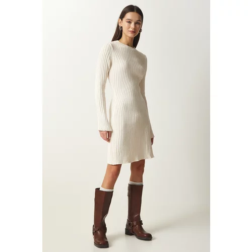 Happiness İstanbul Women's Cream Ribbed A-Line Knitwear Dress