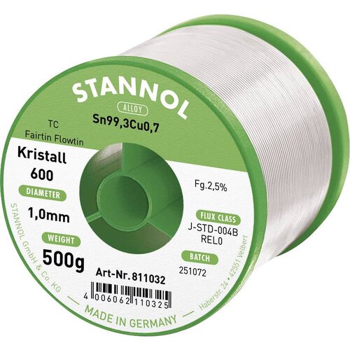 Stannol mehka spajkalna žica Kristall 600 v zlitini Flowtin TC Sn99Cu1 z 2\,5% pretoka 1\,0 mm na premeru 500 mm Kristall 600 Fairtin spajkalna žica\, neosvinčena neosvinčeni Sn99\,3, (20428513) Slike