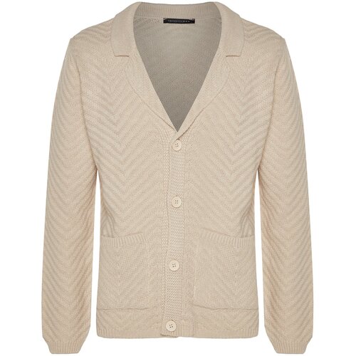 Trendyol Beige Men&amp;#039;s Slim Fit Jacket Collar Jacquard Pocket Knitwear Cardigan Slike