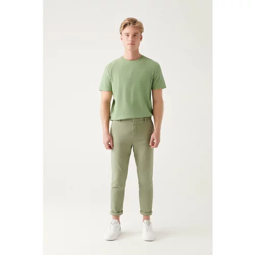 Avva Men's Aqua Green Side Pocket Elasticized Back Waist Linen Textured Relaxed Fit Comfortable Cut Chino Pants