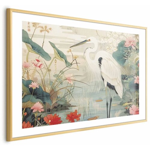  Plakat - Over the Asian Pond - illustration in the Japanese print style featuring a heron 60x40 Zlatni okvir s margom Cijene