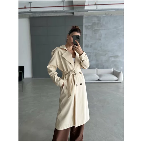 Laluvia Cream Button Detailed Belted Long Trench Coat