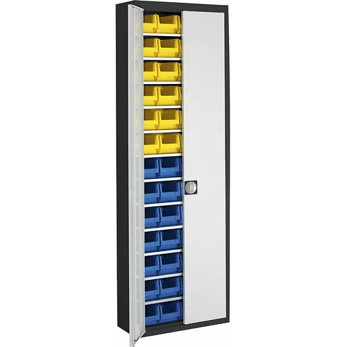 mauser Skladiščna omara z odprtimi skladiščnimi posodami, VxŠxG 2150 x 680 x 280 mm, dve barvi, korpus črn, vrata siva, 52 posod