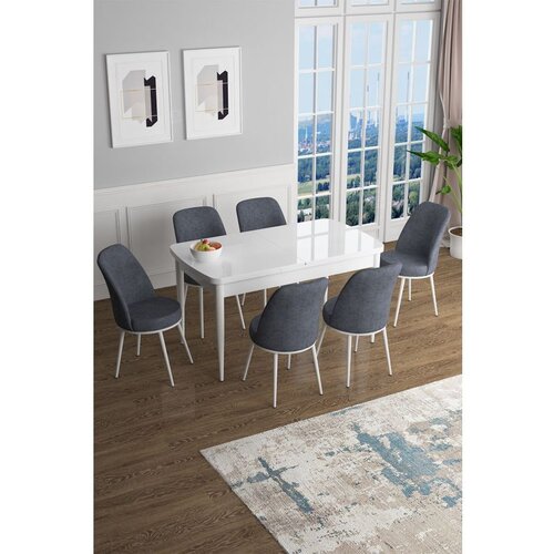Hanah home Han - White, Fume WhiteFume Extendable Dining Table & Chairs Set (7 Pieces) Cene