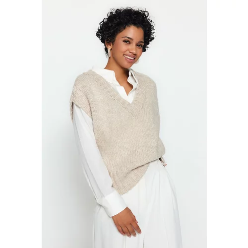 Trendyol Beige Crop Soft Textured Color Block Knitwear Sweater