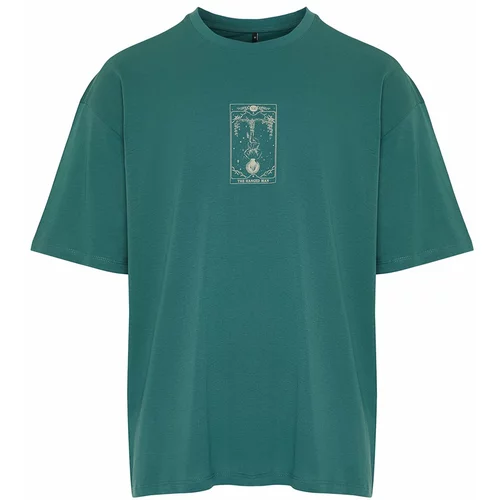 Trendyol Emerald Green Men's Oversize/Wide Cut 100% Cotton Tarot Printed T-Shirt